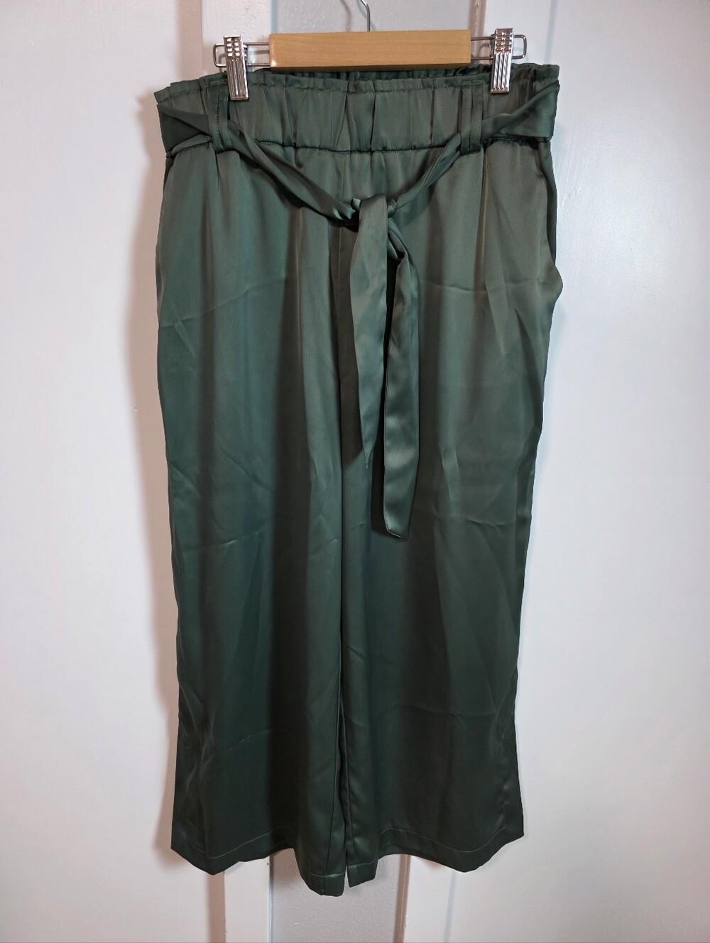 Rachel Zoe Satin High-Waisted Wide-Leg Pants with Tie Belt - Forest Green